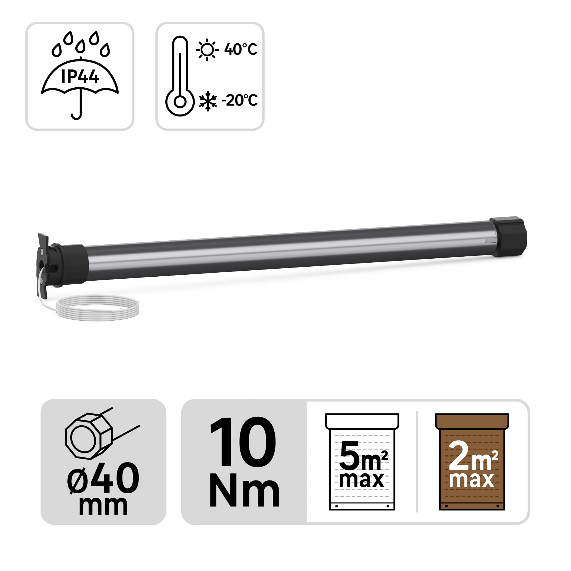 LEXMAN - Elektromechaniczny silnik do rolet – maks. 30 kg – Ø 40 mm – dł. 490 mm – 14 obr./min – 230 V – silnik 10 Nm – IP 44 – silnik rurowy – przewodowy silnik do rolet