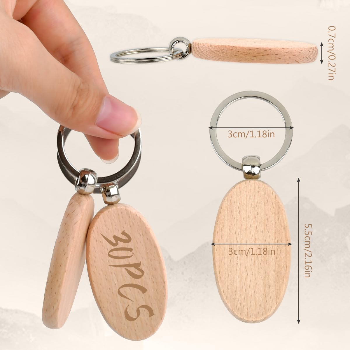 OTYMIOW 30PCS Oval Wooden Keychain Blanks Unfinished Wood Key Ring Key Tag Wood Engraving Blanks for DIY Crafts Gift Accessories - Image 2