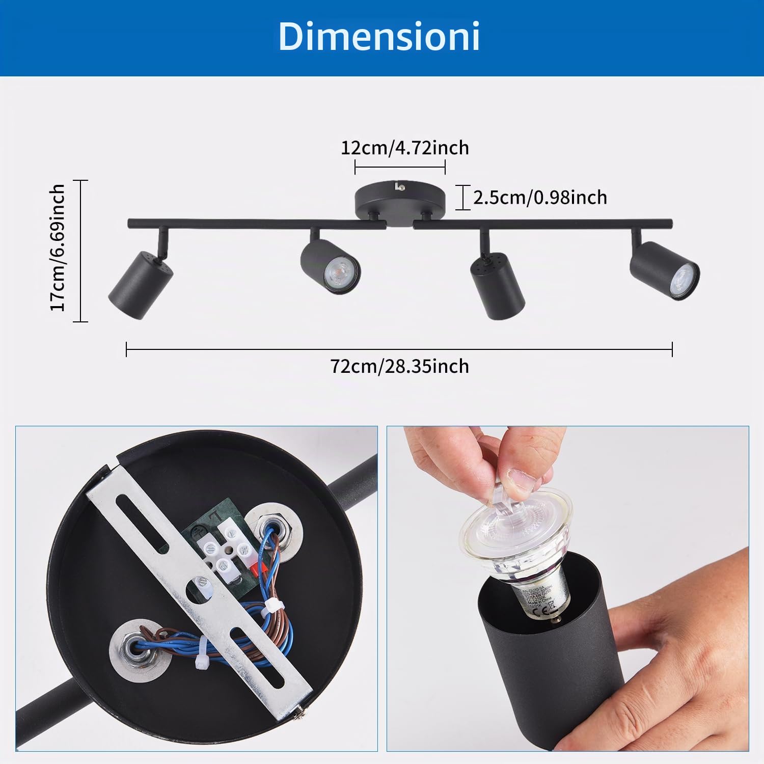 ANWIO Faretti da Soffitto Regolabili Base Rettangolare,Faretti da Parete,Plafoniera Vintage con 4 Faretti LED GU10,Lampadario,Lampada da Soffitto per Negozio,Cucina,Camera da Letto,Lampadine Escluse