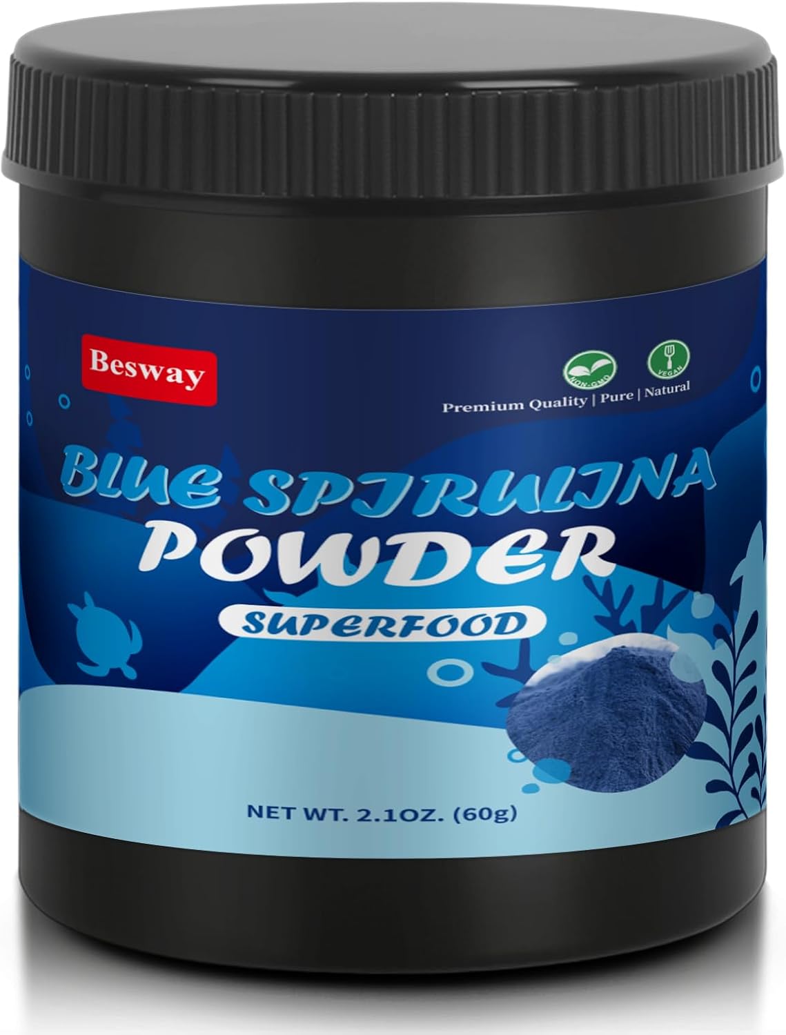 Blue Spirulina Powder 60g, 60 Servings Natural Blue Food Coloring for Baking, Drinks & Smoothies, Vegan Protein 40%+ Active Phycocyanin Superfood, Non-GMO, Water-Soluble, Odorless, No Artificial Dyes