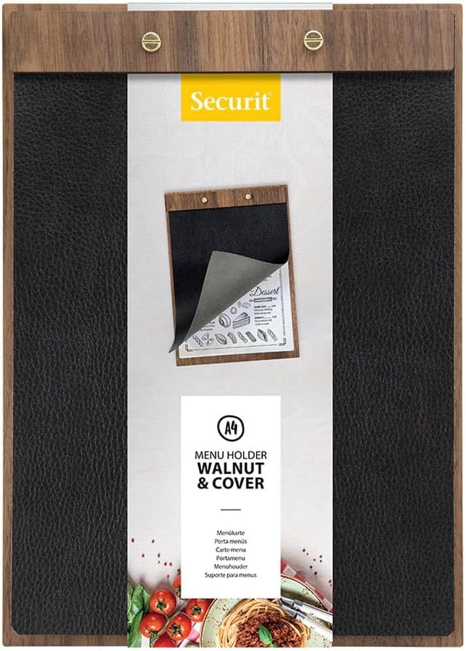 SECURIT - A4 Size Clipboard menu Holder in Walnut Wood and Imitation Leather - Restaurant menu Presentation