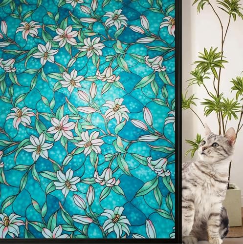 Image of CREON Blue Lily Orchid Flower Pattern (24 X 48 Inch) Decorative Window Privacy Film, Heat Control Sun Blocking Stained Glass Window for Bathroom Front Door