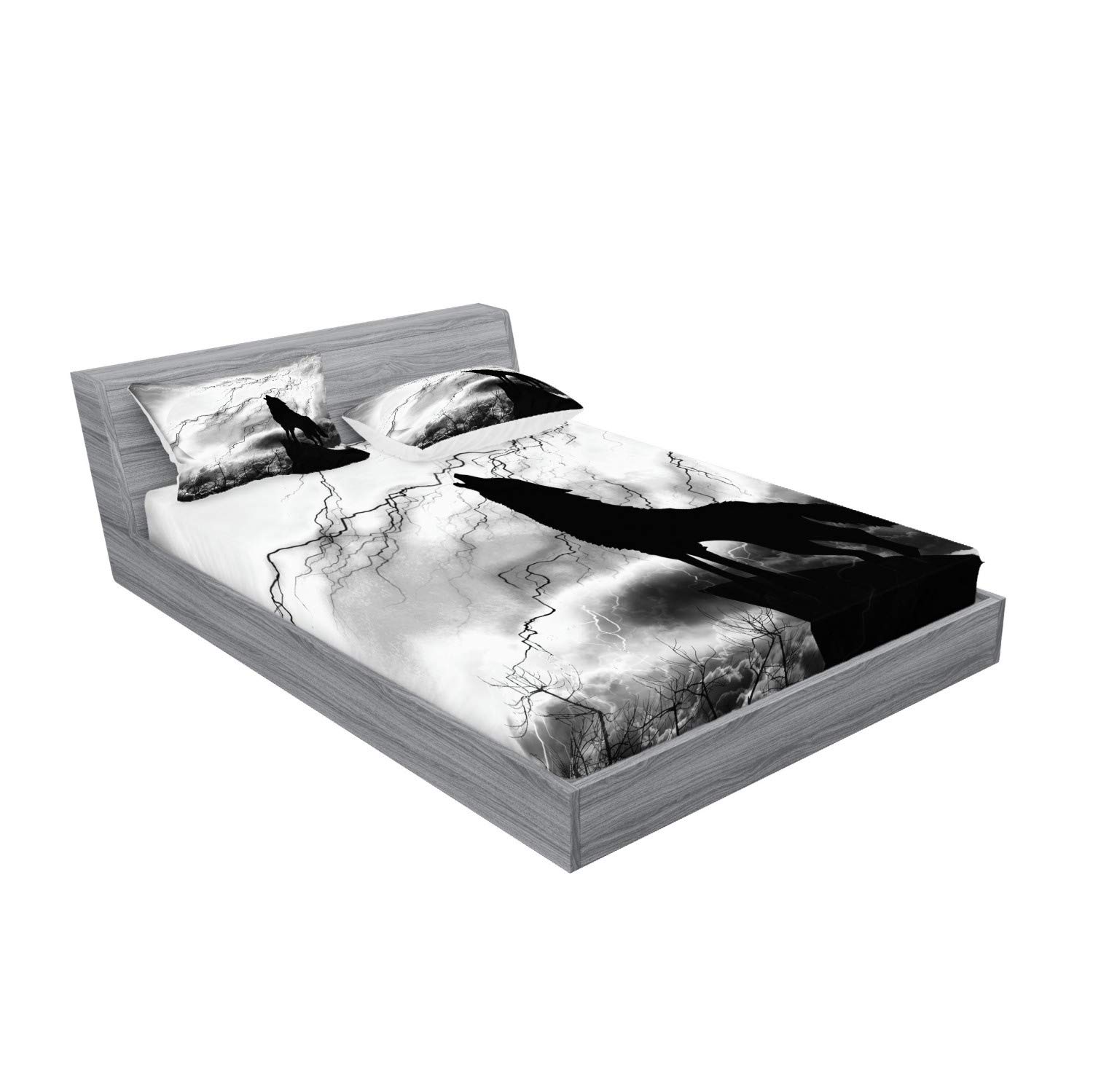 Ambesonne Wolf Fitted Sheet & Pillow Sham Set, Howling Animal Silhouette on a Cliff Under Full Moon Mysterious Dramatic Sky, Decorative Printed 3 Piece Bedding Decor Set, King, Black Grey and White