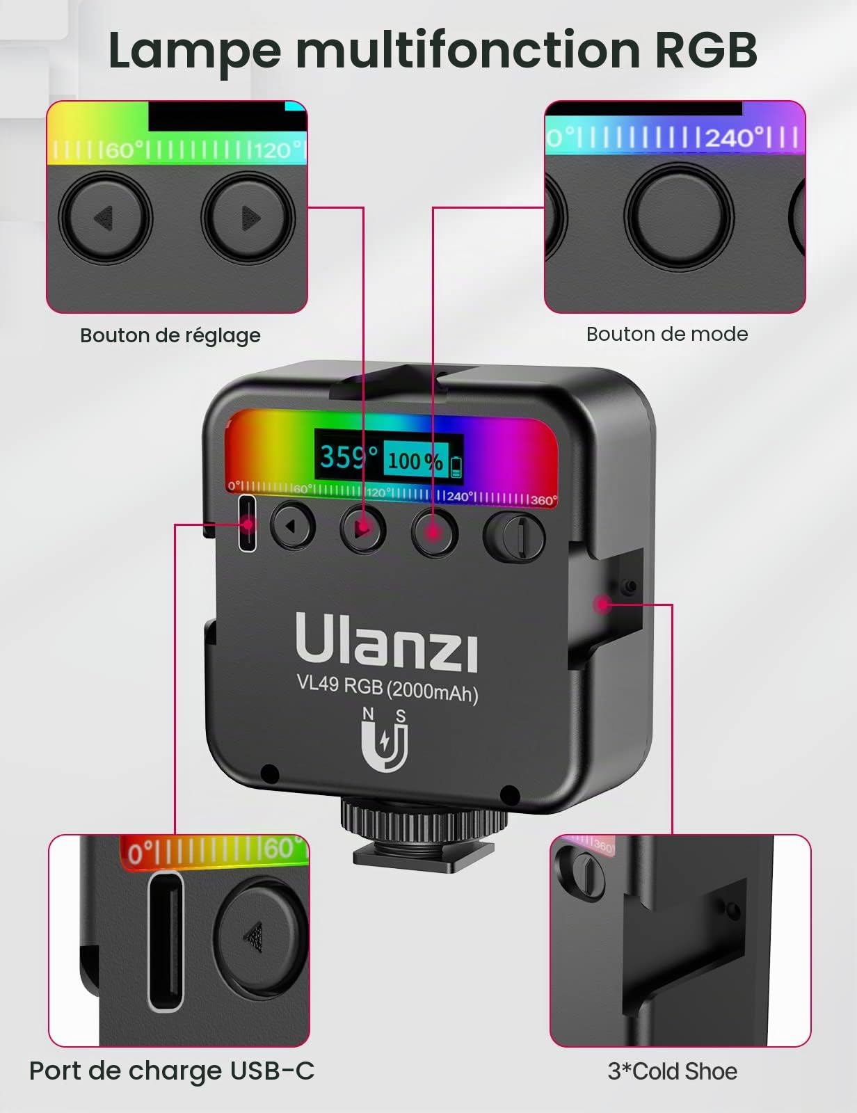 Lumiere Photo, ULANZI VL49 LED Photo RGB avec Batterie Intégrée Charge, RGB Full Color Mode, éclairage Lampe Vidéo Portable 2500K-9500K Couleur Température Réglable pour la Photographie (VL49)