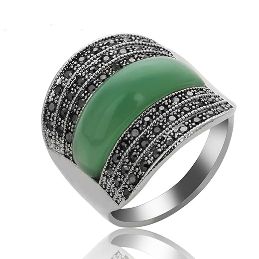 Anéis grandes de pedra de resina verde para mulheres, joias vintage com strass preto, Cristal resina sintética Cristal