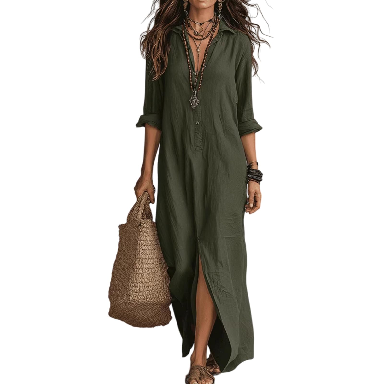 Vestido camisero de bloque de color para mujer, longitud larga, cuello de solapa, abertura frontal, ligero, transpirable, casual, verano, playa, vacaciones, uso diario, ocasión al aire libre