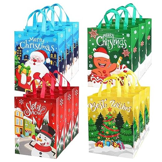 SULOLI Pacote com 12 sacolas grandes de Natal com alças, bolsa de presente reutilizável, sacolas de compras de supermercado não tecidas para festas de Natal