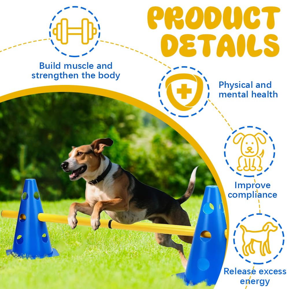 Agility Kit d'obstacles pour Chiens et Enfants, Ensemble de Barrières Enfichables pour Enfants, Parcour pour Sauter, 8 Cônes de 23 cm de Hauteur + 4 Barres de 81 cm de Long, pour Les Exercices