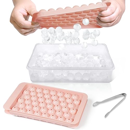 WIBIMEN Ice Cube Tray with Lid and Bin - Round Ice Trays for Freezer with Lid - Ice Cube Trays for Freezer with Ice Container (0.8"-2PACK Pink)