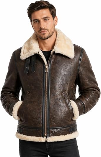 Mens Leon Kennedy RE 4 Genuine Sheep Skin Leather Jacket with Shearling Collar, Brown Aviator Bomber Style