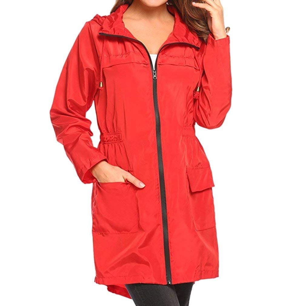 Huixin Lekki damski płaszcz podróżny, wodoszczelny płaszcz damski, moda damska, długi z kapturem, na wędrówki, płaszcz przeciwdeszczowy, kurtka outwear, czerwony, M