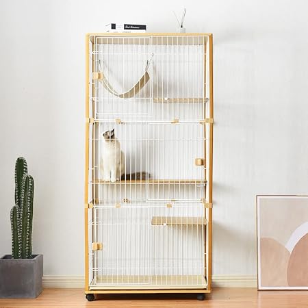 Amazon Co Jp Topcloud 猫 ケージ キャットケージ 3段 木製フレーム 猫ゲージ キャットハウス ハンモック付き 引出し式トレー付 天板 頑丈設計 大型 多頭飼い 留守番 保護 脱走防止 おしゃれ チーク ペット用品