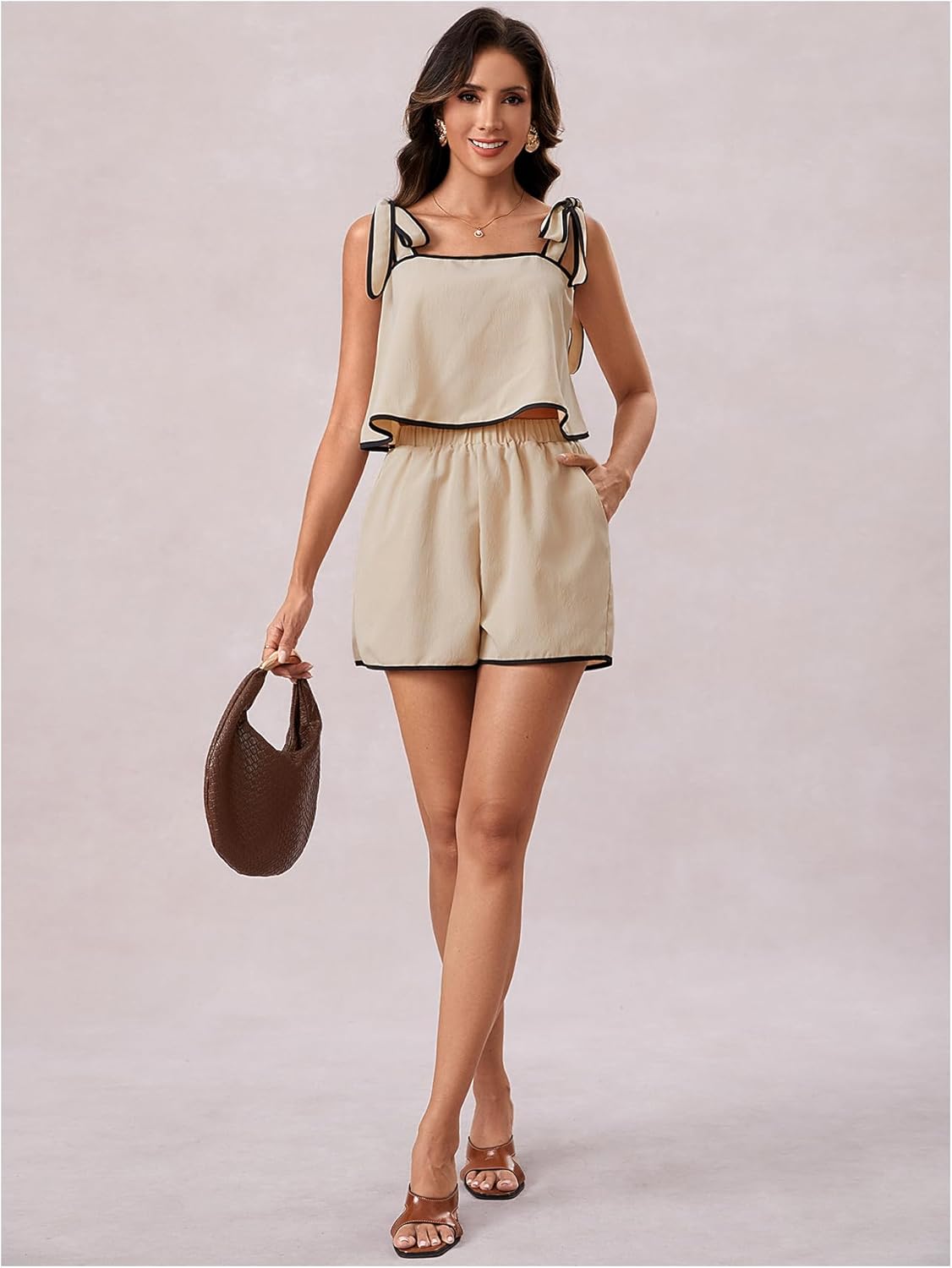 OYOANGLE Women's Two Pieces Outfits Ruffled Bow Strap Tank Top Loose Shorts Summer Casual Travel Lounge Sets - Image 3