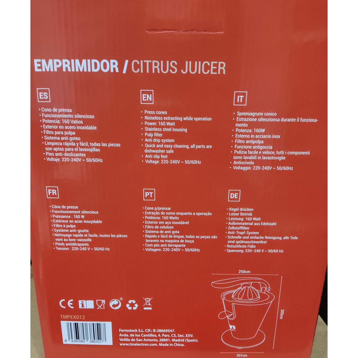 TM Electron TMPEX012 Presse-agrumes électrique avec corps en acier inoxydable 160 W