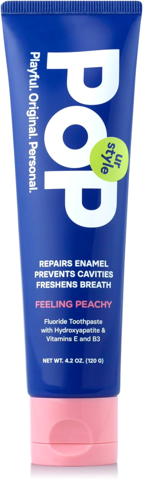 POP Feeling Peachy Fluoride Toothpaste with Hydroxyapatite & Vitamins E & B3 - Natural Niacinamide Teeth Whitening & Plaque Remover Formula - Bathroom & Travel Size Essentials, 4.2 Oz