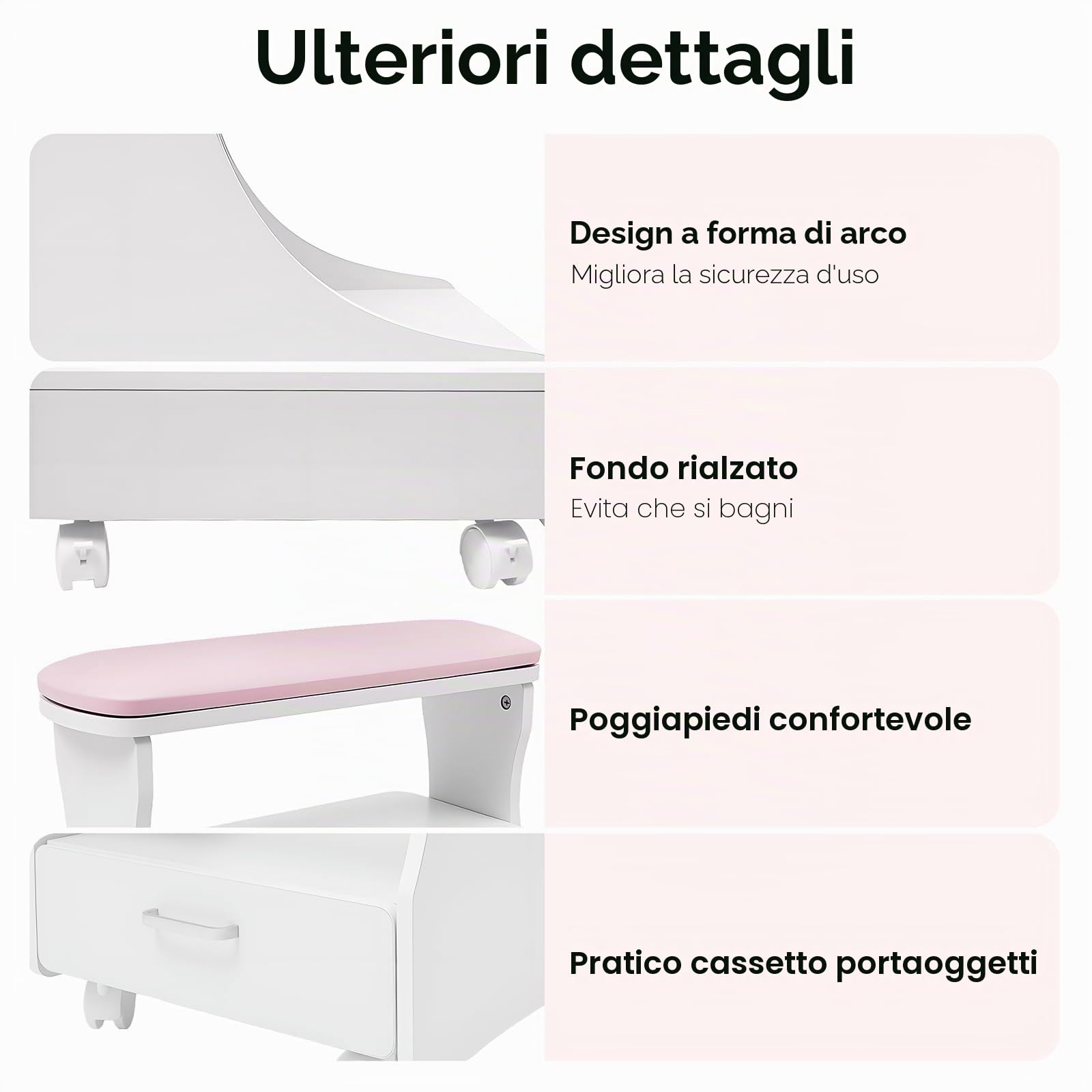 Carrello per pedicure, mobile a rotelle per manicure e cura, sgabello a quattro ruote con vassoio e stoccaggio, con poggiapiedi, ideale per salone di bellezza, spa e uso domestico