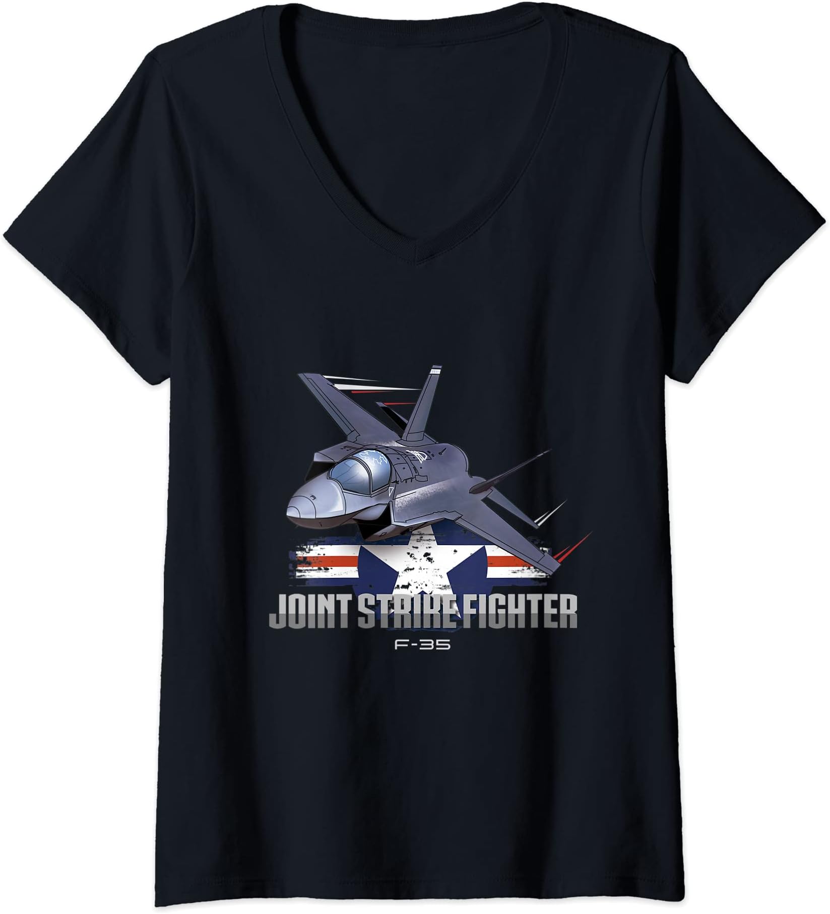 The Warbird CollectionWomens USA Lightning Jet Fighter Military Aircraft JSF Airplane V-Neck T-Shirt