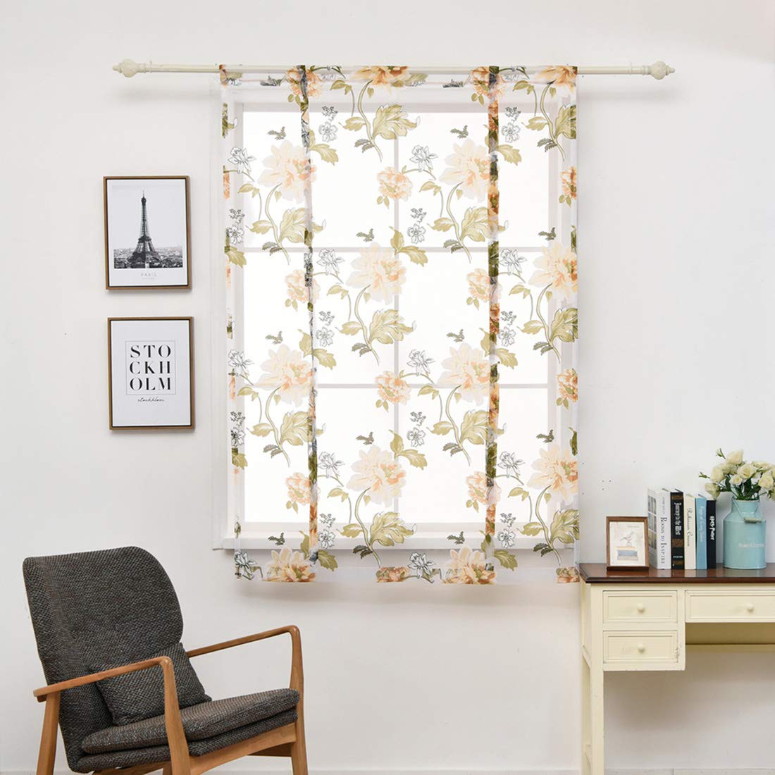 JAIJY French Country Peony Flower Leaf Kitchen Window Shades Curtain Tie Up Adjustable Balloon Windows Treatmet Roman Tiebacks Drape for Cafe, 46