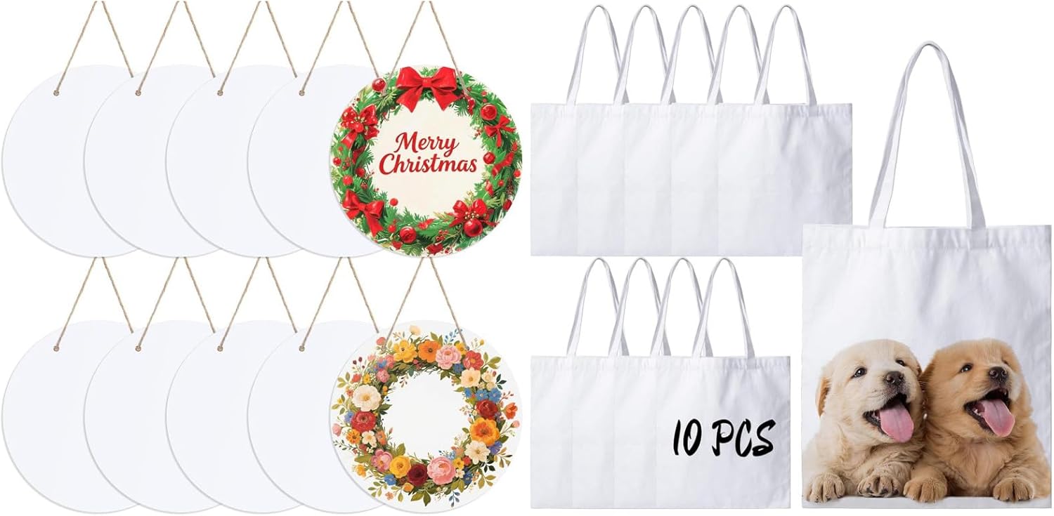 Joyclub Bundle of 10 PCS 10 Inch Sublimation Door Hanger Blanks and 10 Pack Sublimation Tote Bags