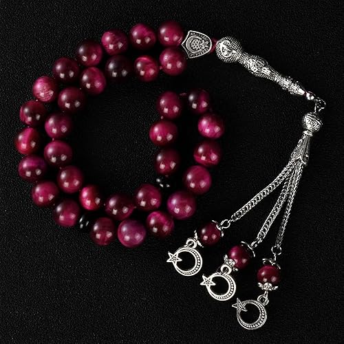 Miniatura 4 de TAS B Tasbih - Cuentas de oración, 33 piedras de ojo de tigre rosa (33 cuentas de 0.394 in) - Rosario musulmán Masbaha - Zikr, Dhikr Subha - Capilla