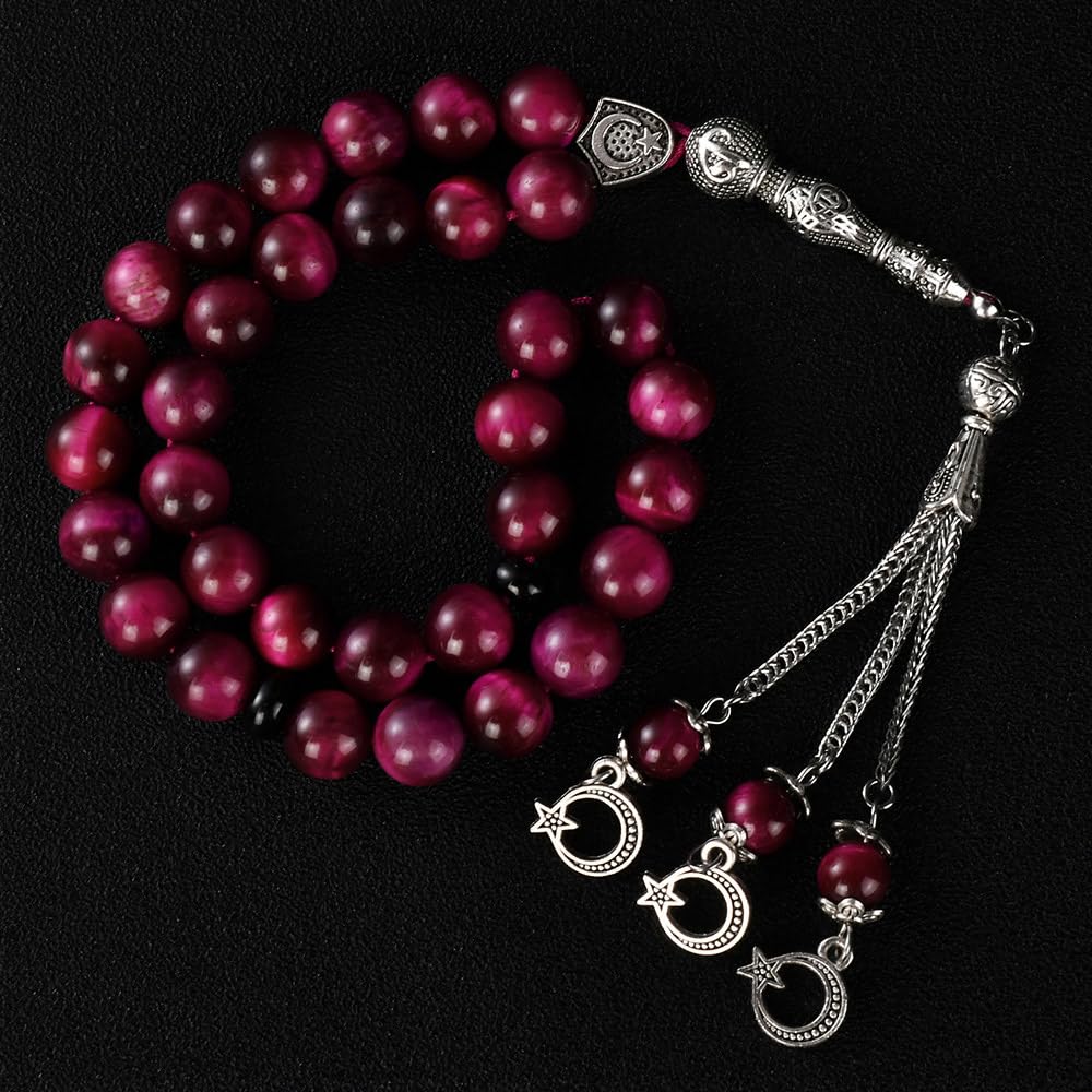 Tasbih koraliki modlitewne 33 różowe tygrysie oko kamień (33 koraliki - 10 mm) - Masbaha muzułmańskie koraliki modlitewne - Tesbih - Zikr, Dhikr Subha - Chapelet - Tasbeeh - islamskie prezenty dla