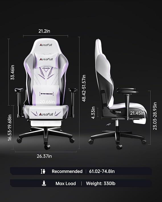 AutoFull C3 Gaming Chair, Ergonomic Wingless Cushion Computer Chair,PU Leather Racing Style Office Chair with Lumbar Support Pillow and Footrest,White