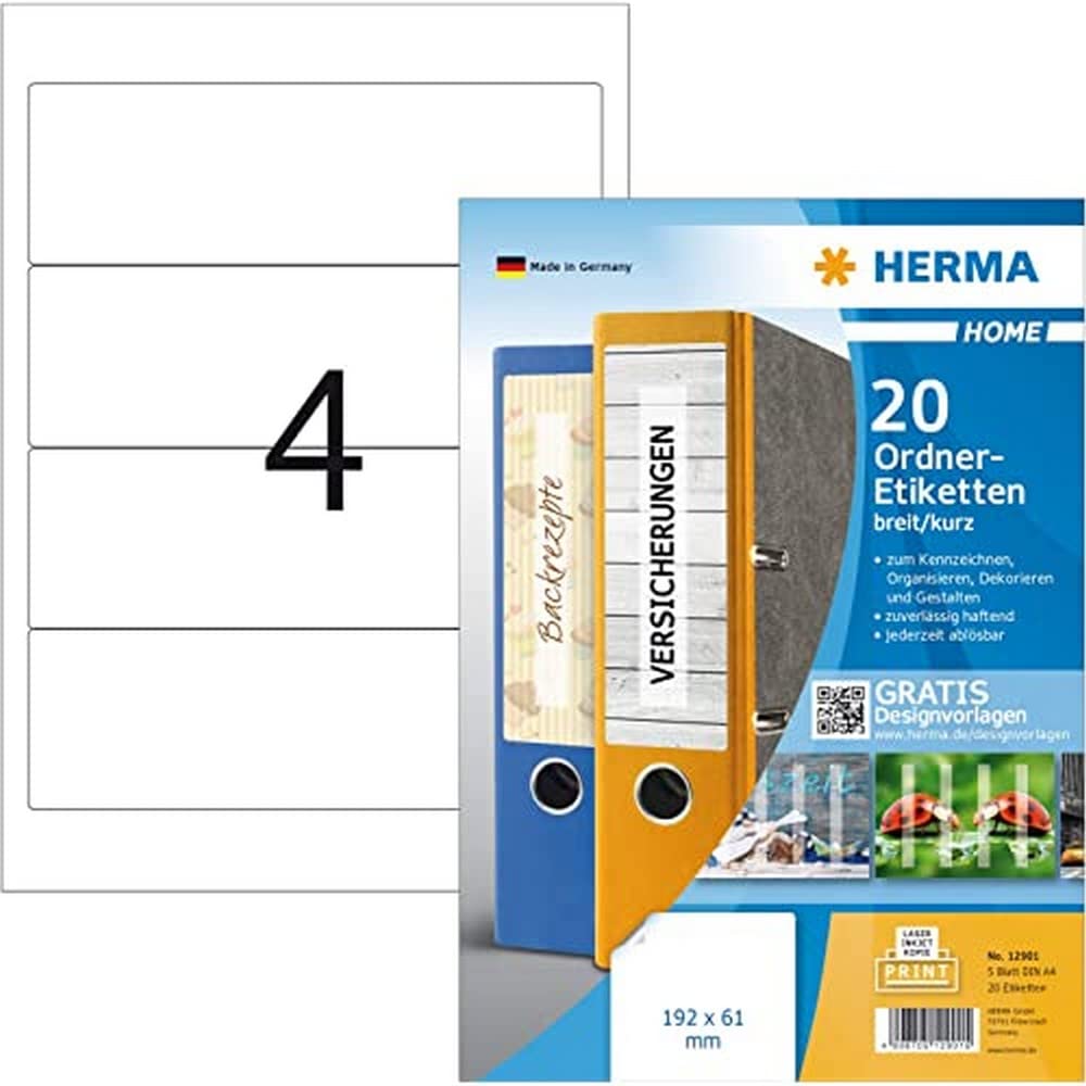 HERMA 12901 Ordnerrücken Etiketten ablösbar kurz breit, 4000 Stück, 192 x 61 mm, 4 pro A4 Bogen, selbstklebend, bedruckbar, blickdicht, blanko Papier Ordneretiketten Rückenschilder Aufkleber, weiß