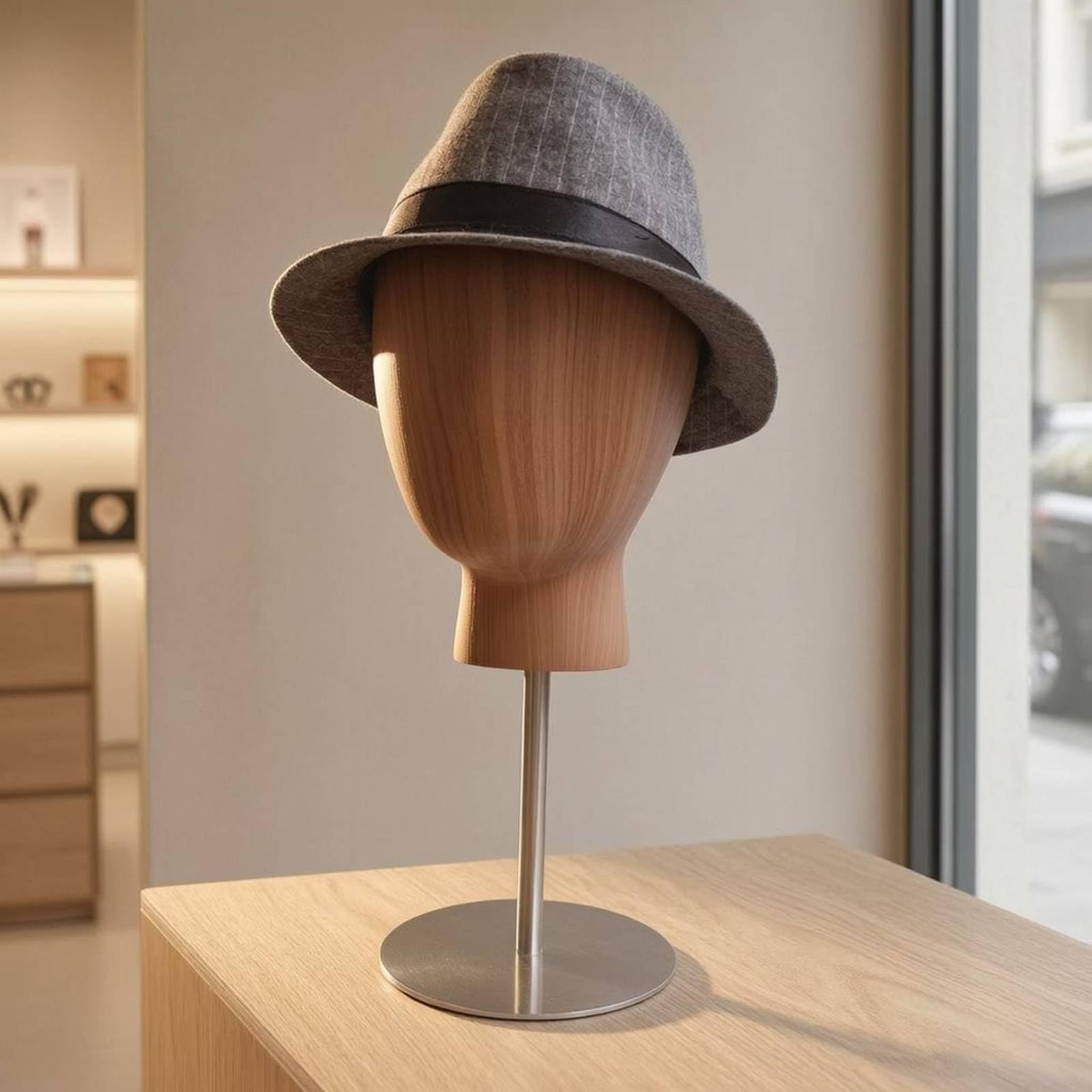 Manichino Testa Espositiva Porta Cappelli Porta Parrucche Asta Acciaio Base Tonda Fibra di Vetro Aspetto Legno Bilanciamento Sicuro Adatto per Saloni Vetrine Negozio Artigiani