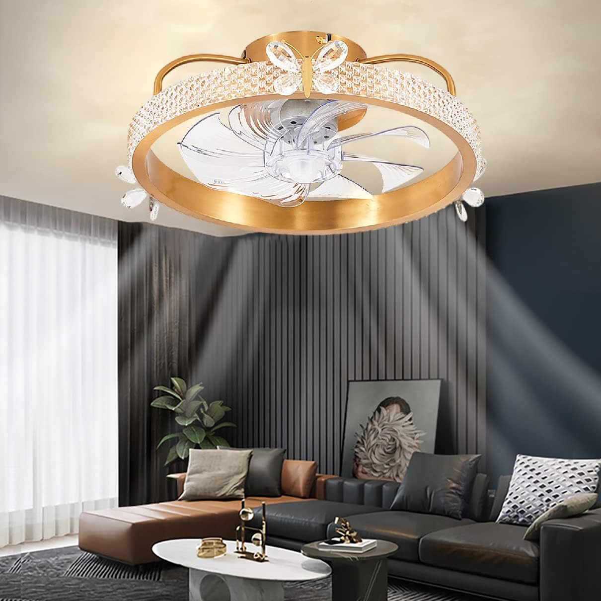 YUEGOO Ceiling Fans with Lamps,48Cm Ceiling Fan with Light and Remote Control Mute 3 Speeds Bedroom Led Dimmable Crystal Fan Ceiling Light with Timer 60W Modern Living Room/B