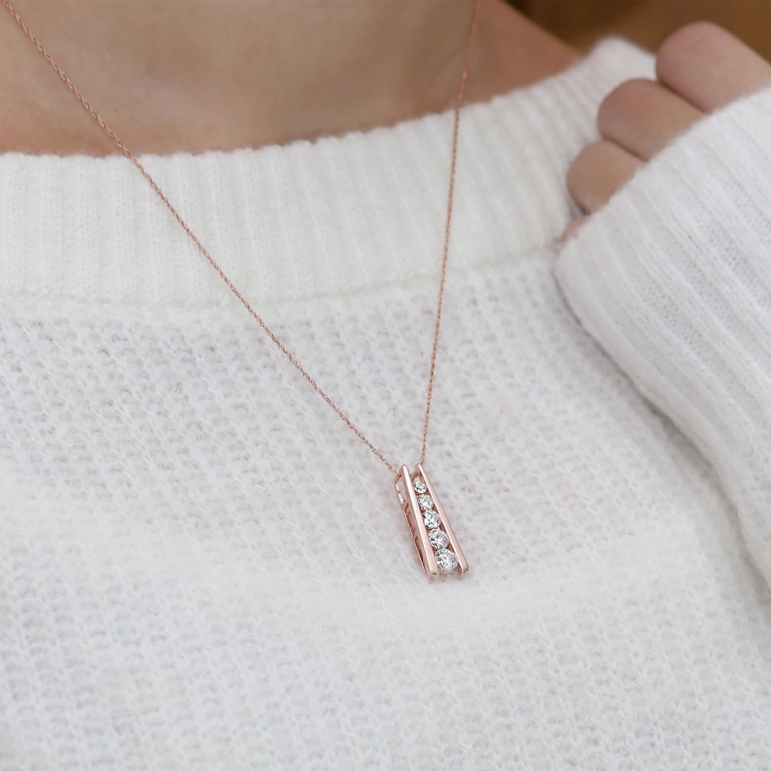 1.25 Carat Lab Created Moissanite or Lab Grown Diamond Five Stone Journey Bar Pendant Necklace In 14k Gold Over Sterling Silver Jewelry With 18" Chain, Gift For Her - Image 6