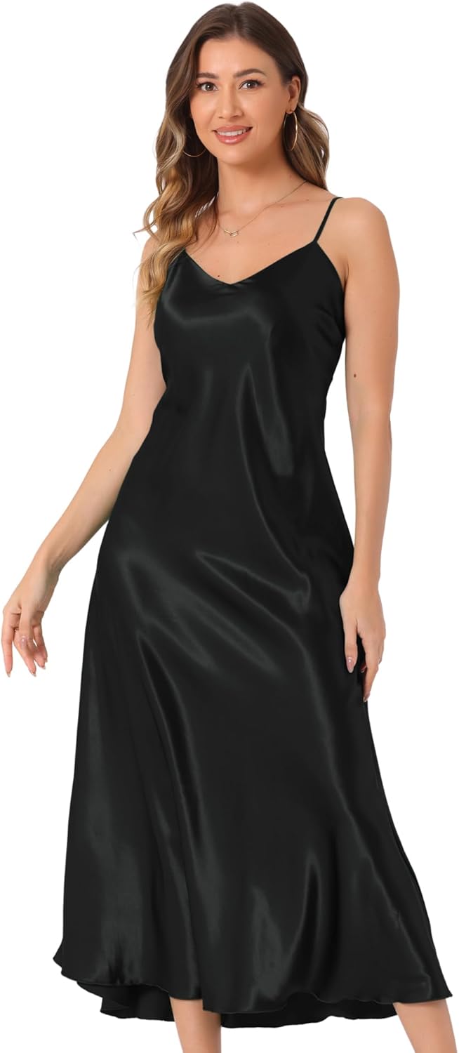 Allegra K Satin Sleeveless Long Dresses for Women's V Neck Spaghetti Strap Evening Party Silky Maxi Dress