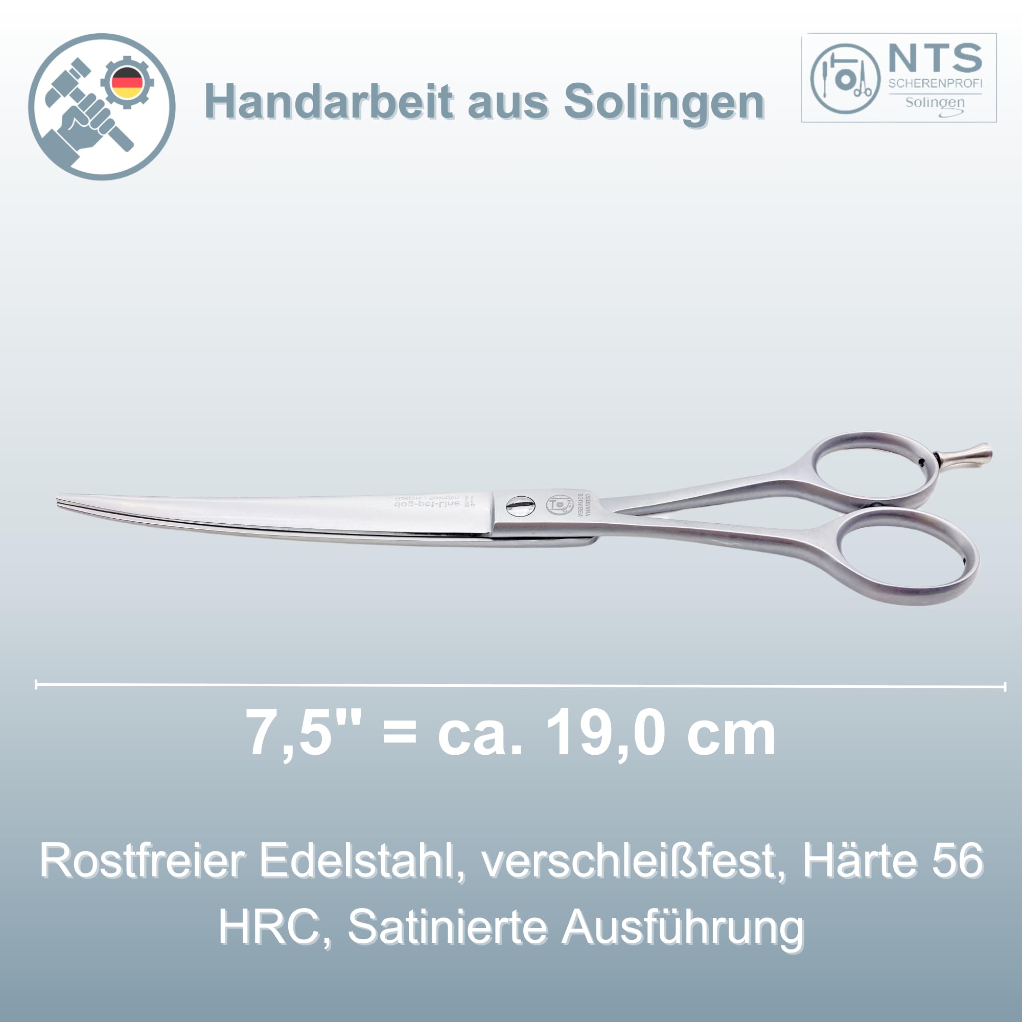 Premium Hundeschere Viehschere Fellschere Mähnenschere gebogen 6,0" bis 9,0" rostfrei 15-23 cm, Made in Solingen Germany (7,5" = ca. 19,0 cm)