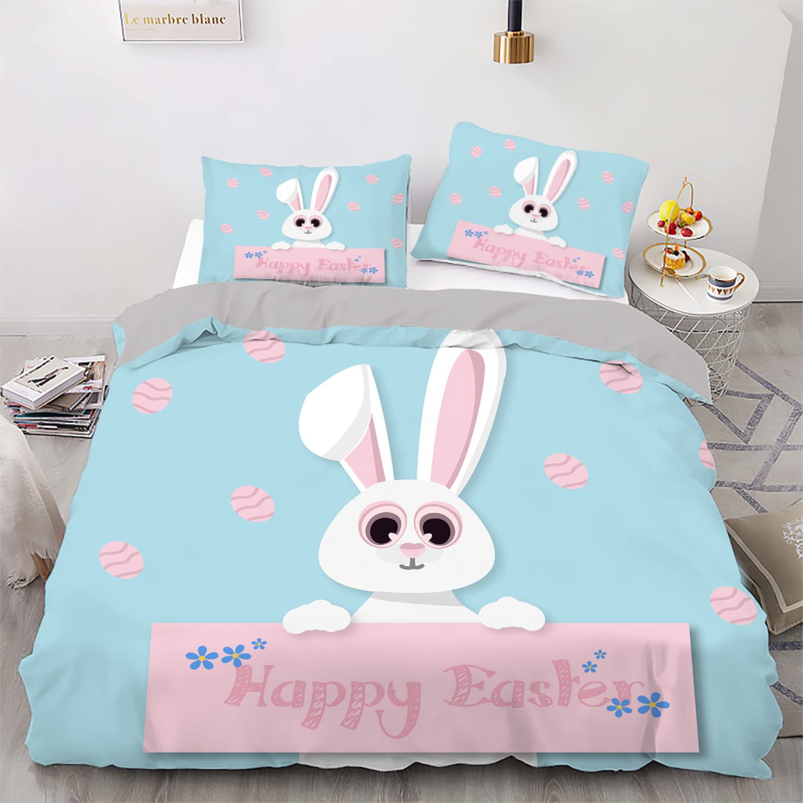 Housse de couette 160x200 lapin bleu en microfibres avec taies