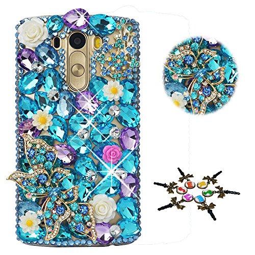 STENES LG Aristo 2 Case - STYLISH - 100+ Bling - 3D Handmade Butterfly Rose Flowers Design Protective Case For LG Aristo 2 - Purple&Blue