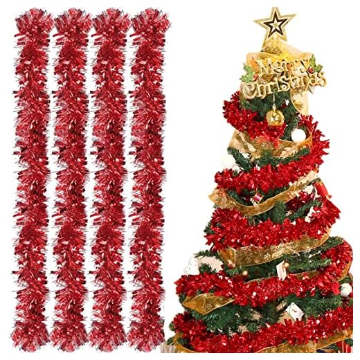 Kalamakala Guirlande de Noel Sapin, 4pcs Guirlandes Tinsel Noël, Guirlande Sapin, Guirlande Tinsel Métallique Scintillantes pour Sapin de Noël Décoration, Fête Murs Fenêtres Decoration, Rouge