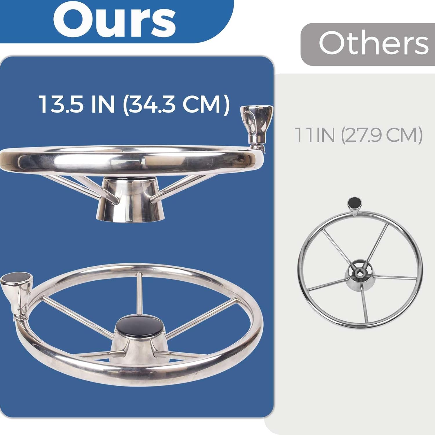13 1/2 inch 5 Spoke Marine Steering Wheel| 304 Stainless Steel Destroyer Style with Knob | Universal Fit for 3/4" Tapered Shaft, Yacht/Speedboat/Pontoon