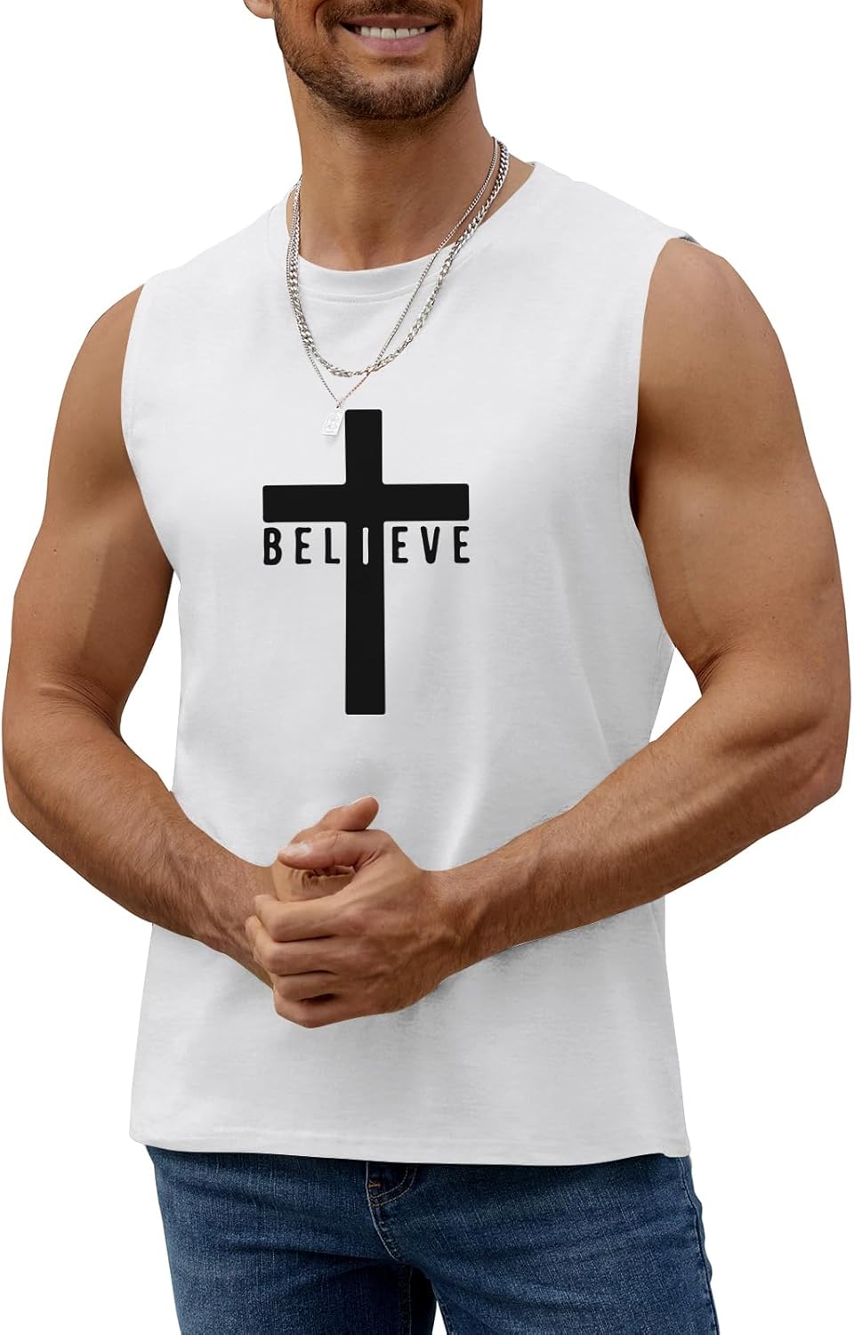 Men's Cotton Graphic Tank Tops Jesus Cross Believe Printed Faith Christian Shirts - Image 3