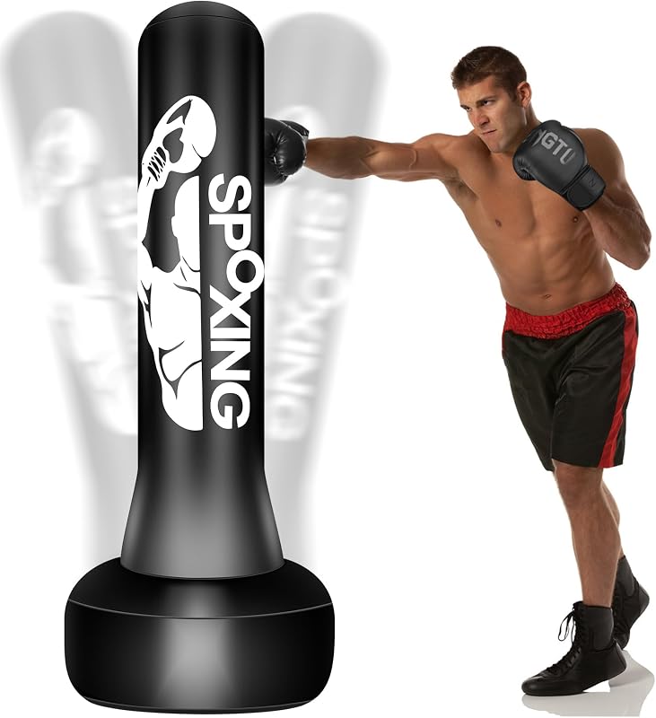JUOIFIP Szabadon Álló Boxzsák Felnőtteknek 175 cm - Edzőállvánnyal, MMA, Muay Thai, Kung Fu Edzéshez, Fekete Vinyl Borítással