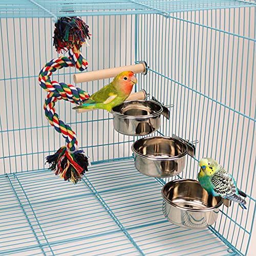 3 Pack Birds Food Dish Parrot Stainless Steel Feeding Cups Bird Feeders Water Cage Bowls with Clamp Holder and 2 Pcs Bird Stand Toy for Parakeet Conure Cockatiels Lovebird Budgie Chinchilla