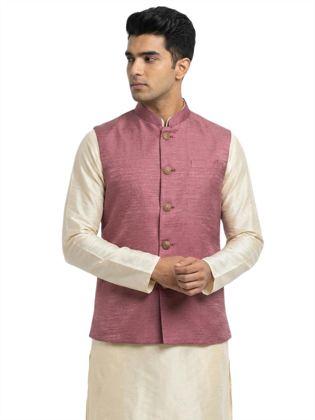 ethnix by raymond Men Regular Fit Solid Pattern Pure Polyester Mandarin Collar Sleeveless Festive Bundi-picture-20