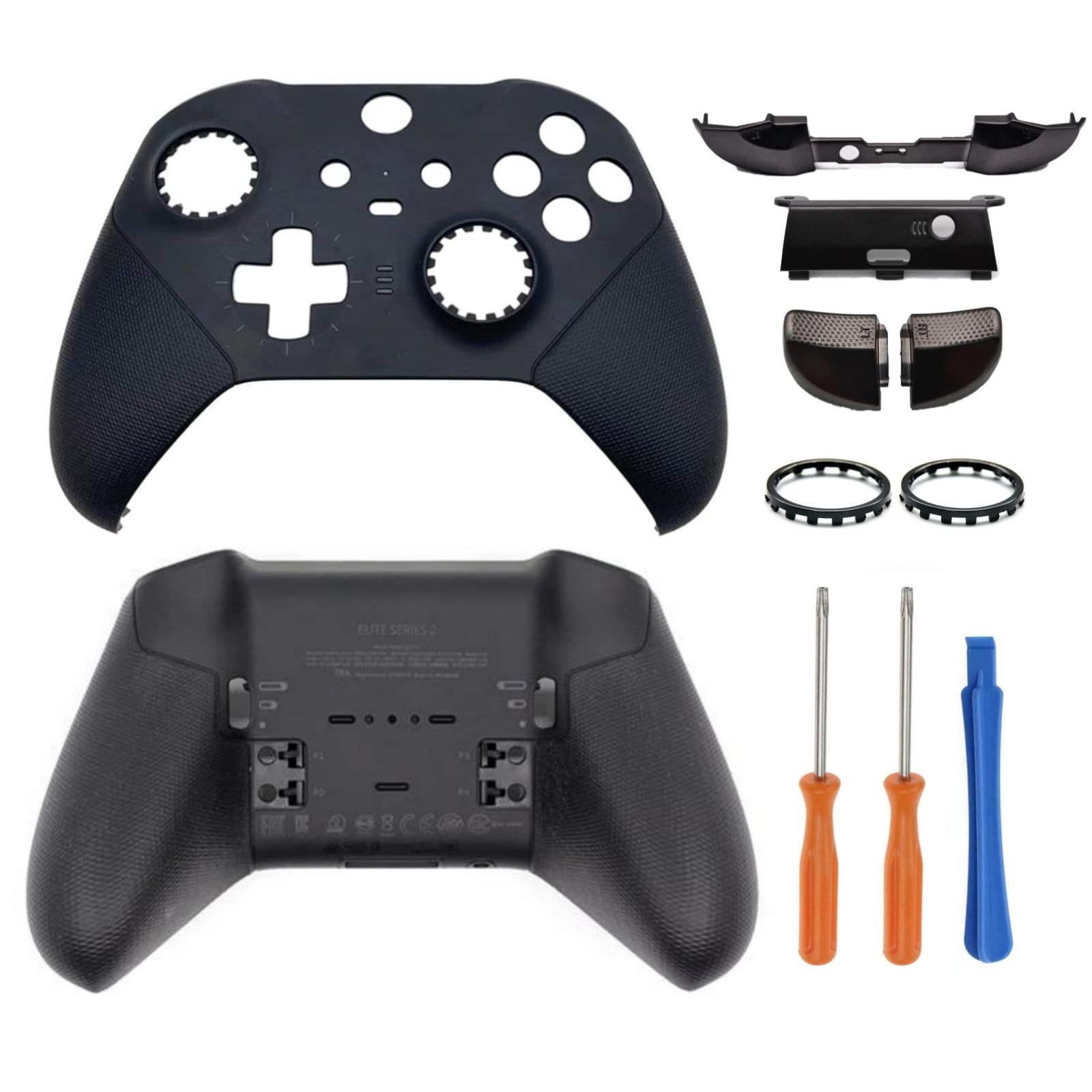 Hzxkqmil Jeu de Boîtier de Remplacement pour Xbox Manette Elite Series 2 - Noir, Couvercle de Coque Avant/Arrière + LB RB LT RT Bouton Gâchette Baffle Anneaux de Joystick Accessoires