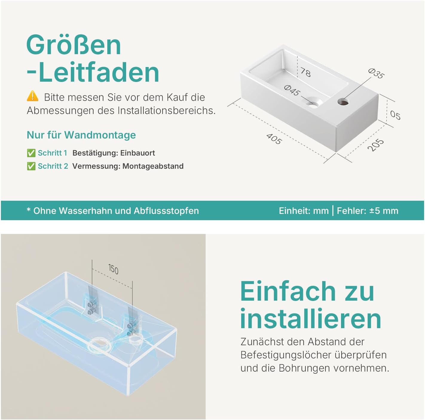 Diagram showing washbasin dimensions and mounting hole spacing for installation
