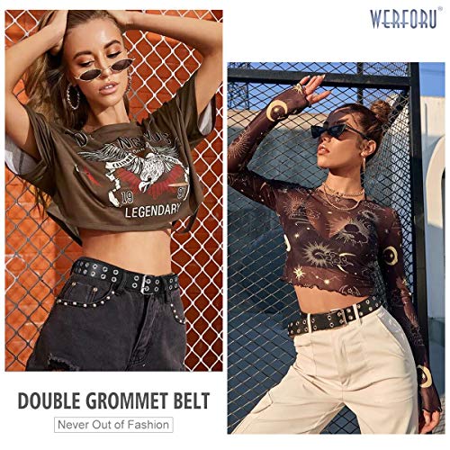 Werforu Double Grommet Belt Pu Leather Punk Belt For Women Men Jeans 2 Hole Belts 1.5 Wide #TOP1