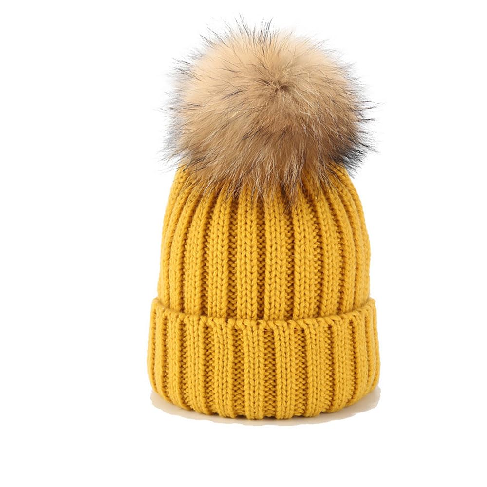 Van Der Linn Adult Kids Knitted Winter Warm Beanie Fur Bobble Woolly Pom Pom Hat (Kids, Yellow)