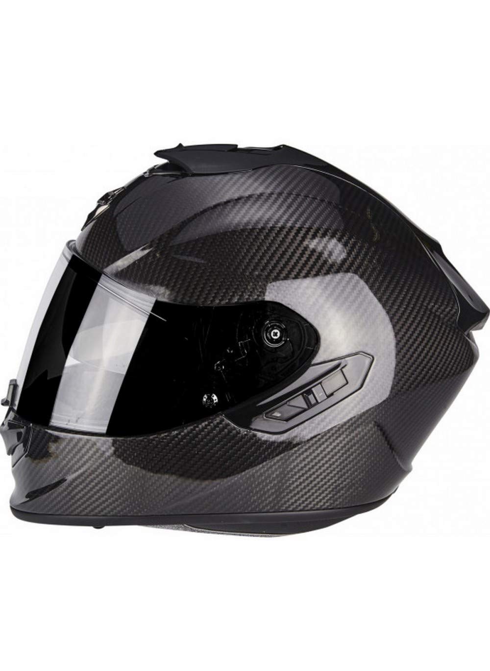 Scorpion - Casco integral EXO-1400 Solid negro de fibra de carbono para scooter con visera interna SpeedView solar retráctil, protección de calota exterior TCT (XS)