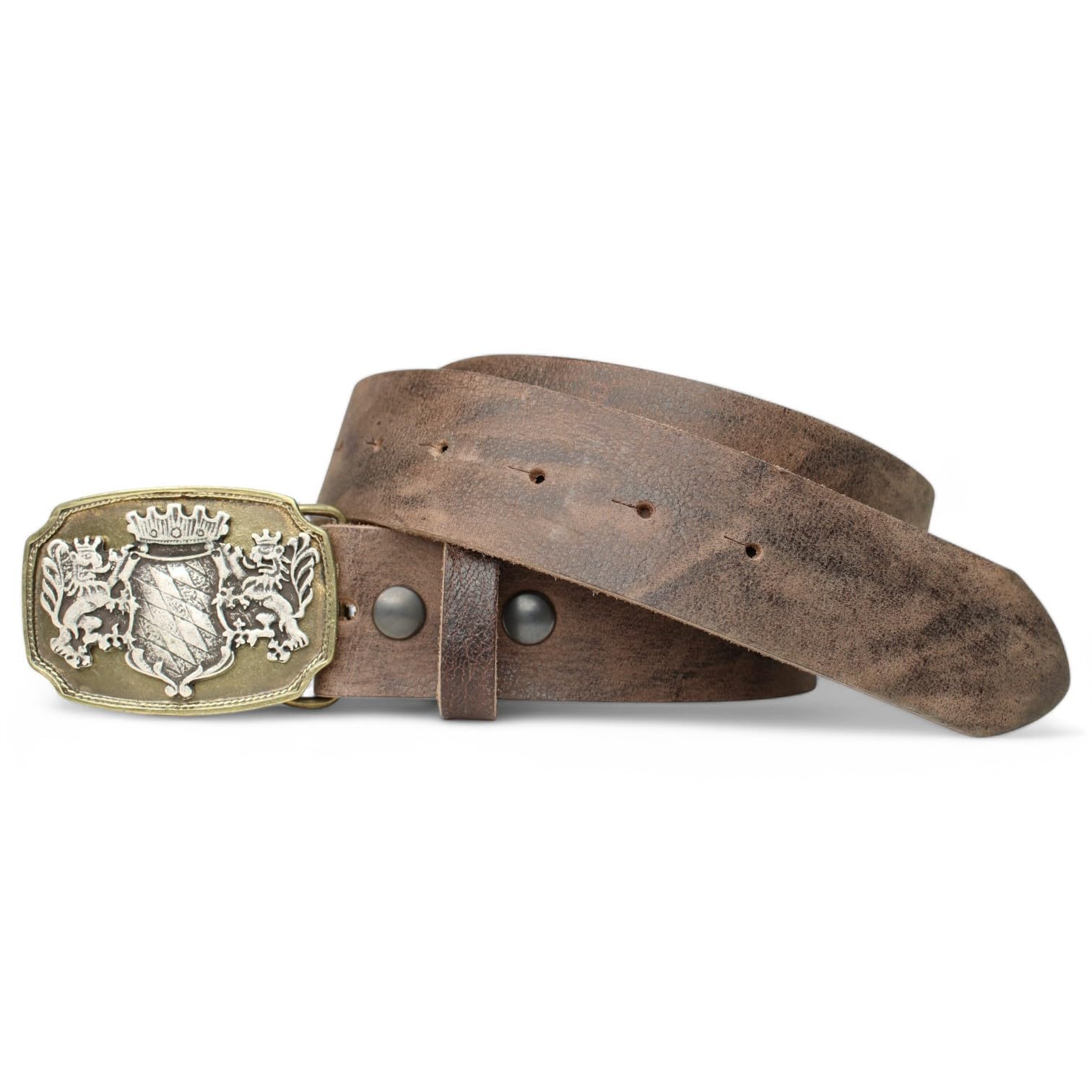 FRONHOFER Trachtengürtel Herren 100% echtes Leder 4 cm Breite zweifarbige Schnalle Bayern Wappen Druckknopf wechselbar Größen 90 95 100 105 110 115 120 125 Made in Germany