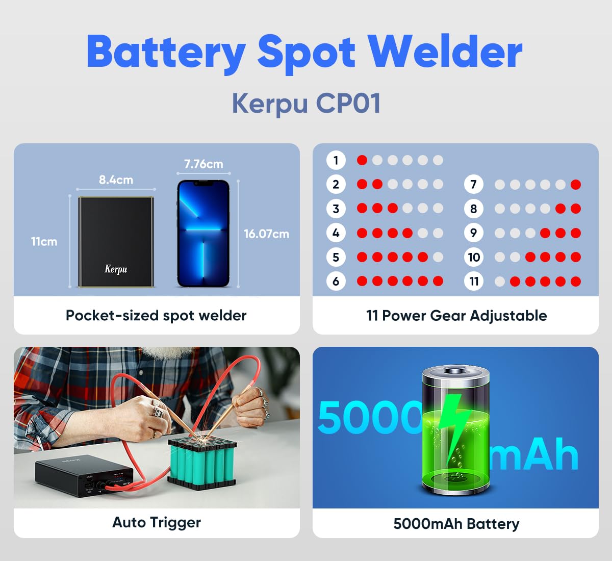 soudeuse par points de batterie,Kerpu taille de poche pour machine à souder par points avec 11 vitesses réglables, batterie rechargeable 50000mAh,feuille de nickel 2x2M