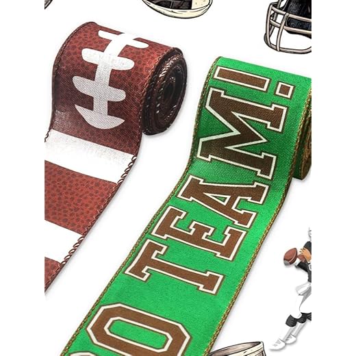 2 Roll 10 Yards Football Ribbons 2.5", Super Football Bowl Sport Wired Edge Burlap Ribbon Brown Green GO Team Ribbon for Farmhouse Decor Gift DIY Crafts Wreaths Bow