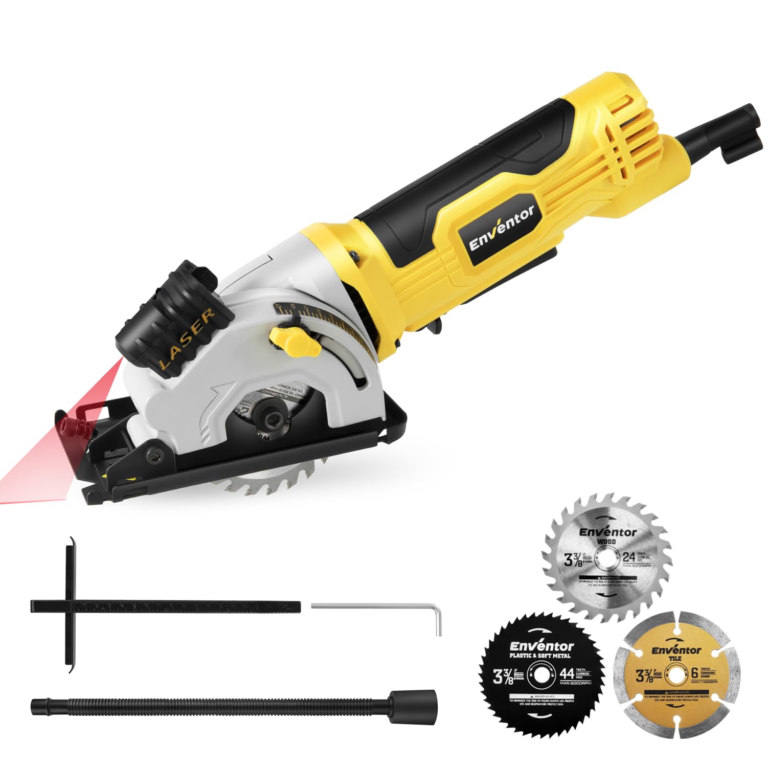 Enventor Mini Sierra Circular, 580W 4000RPM Mini Sierra Circular de Mano con 3 Hojas(85mm), Guía Láser, Regla de Escala, Motor de Cobre Puro, para Madera, Metal Blando, Azulejos, Plástico con Cable Global Recycled Standard Global Recycled Standard Global Recycled Standard