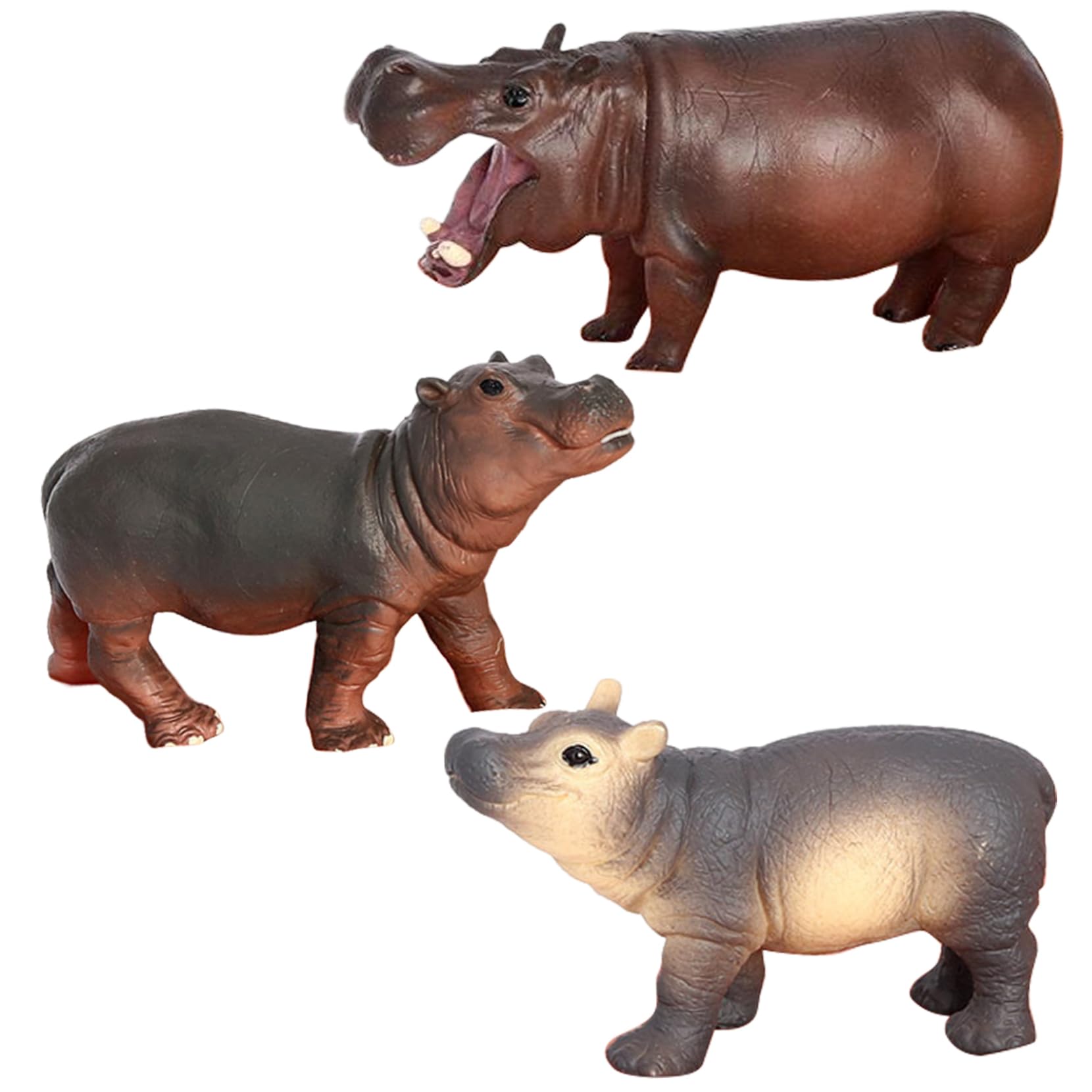 SunaOmni Hippo Figurine 3Pcs 3 Style Lifelike Adult & Baby Hippopotamus Statue Sturdy & Low Maintenance PVC Educational Toys for Kids, Hippo Gifts Hippopotamus Gifts Animal Figurines